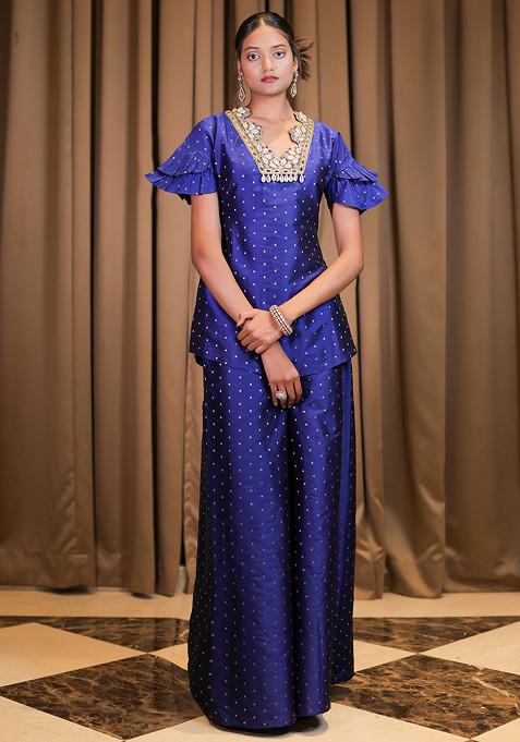 Blue Mirror Embroidered Brocade Co-Ord Set