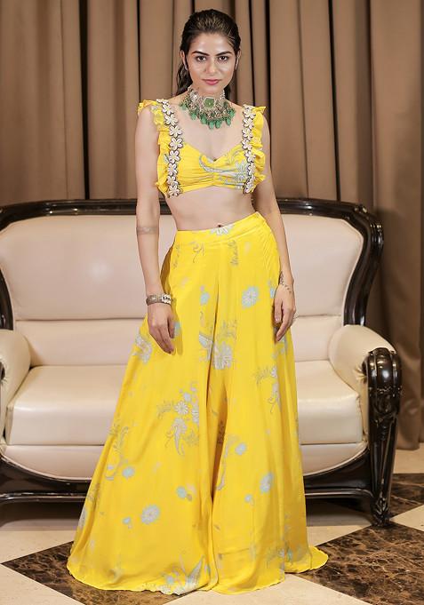 Yellow Printed Embroidered Blouse And Pants Set