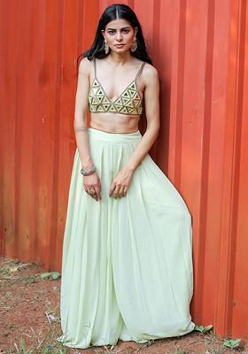 Green Mirror Work Blouse And Flared Pants Set