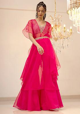 Pink Mirror Work Organza Gharara Cape Set