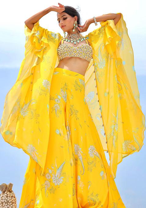 Yellow Cowrie Embroidered Printed Sharara Cape Set