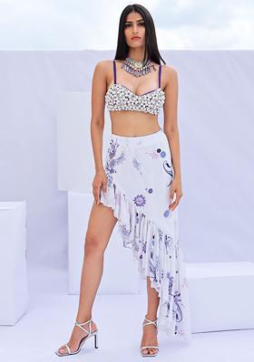 Purple Hand Embroidered Blouse And Printed Skirt Set