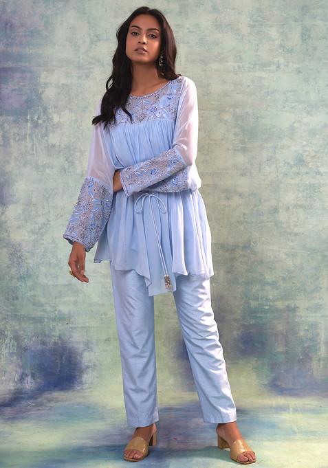 Pale Blue Hand Embroidered Top And Pants Set