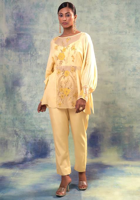 Yellow Hand Embroidered Golden Glow Majestic Top And Pants Set