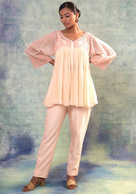 Peach Hand Embroidered Serenity Top And Pants Set