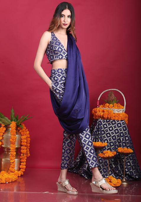Deep Blue Floral Pattern Naina Co-ord Set