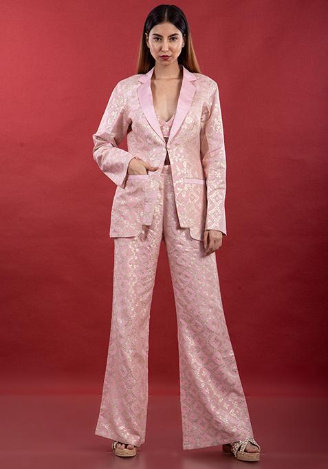 Pink Brocade Embroidered Bijli Blazer Set