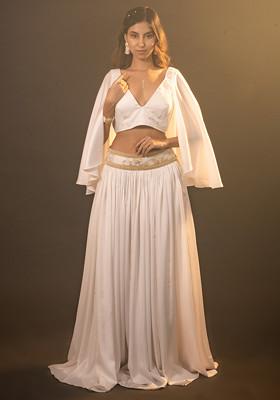 White And Gold Embroidered Bianca Satin Skirt With Top