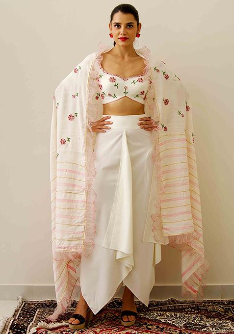 Ivory French Knot Embroidered Marigold Cape Set