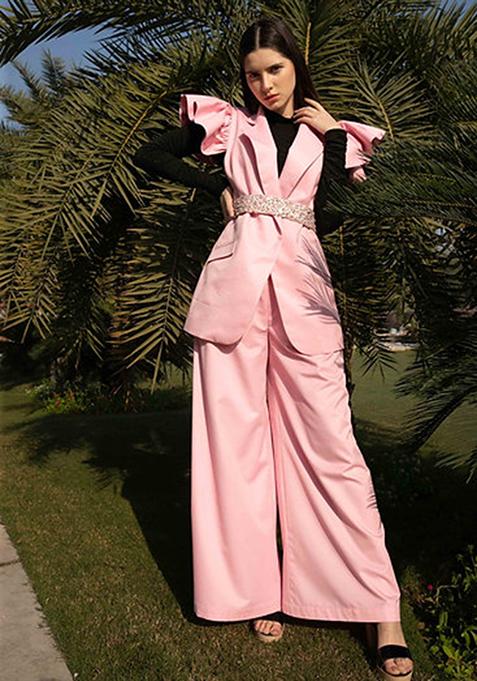 Pink Cotton Wing Jacket And Trouser Set