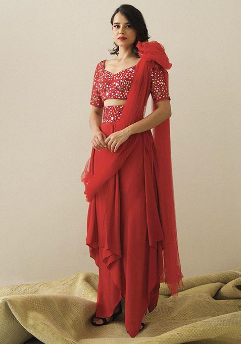 Red Mirror Embroidered Scarlet And Roses Blouse Dhoti Set