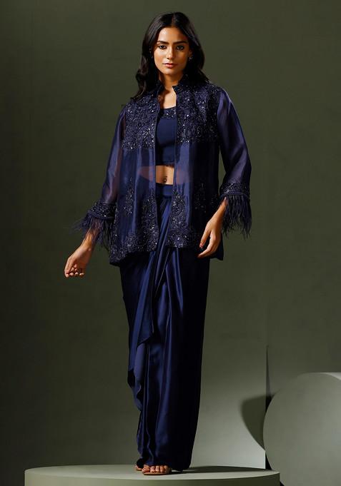 Blue Embroidered Organza Jacket And Drape Skirt Set