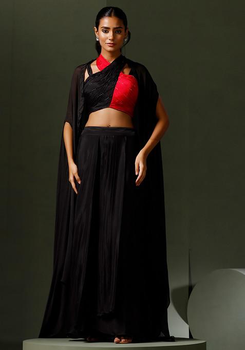 Red And Black Halter Crop Top And Skirt Set