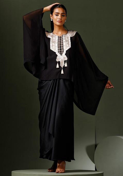 Black Embroidered Cape And Drape Skirt Set