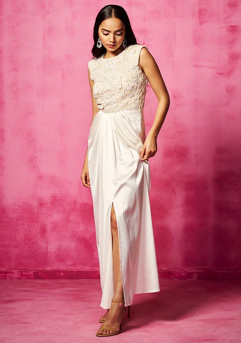 Beige Embroidered Organza Body Suit And Skirt Set