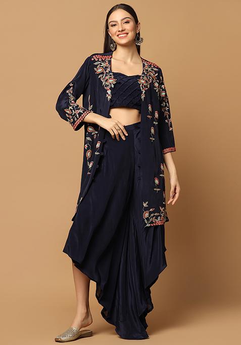 Navy Blue Embroidered Saree And Cape Set