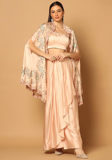 Peach Embroidered Saree With Cape Set