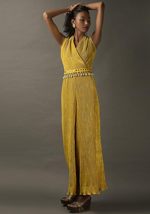 Mustard Yellow Mirror And Shell Embroidered Lycra Jumpsuit
