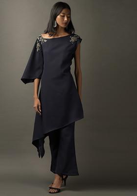 Navy Blue Resham Embroidered Lycra Tunic Set