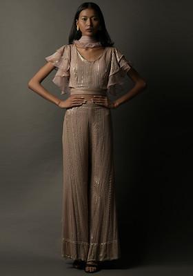 Old Rose Sequin Embroidered Georgette High Waisted Pants Set