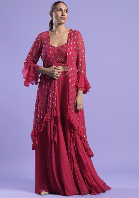 Fuchsia Pink Zari Embroidered Georgette Cape Set