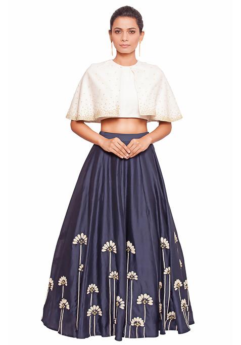 Off White Cape Blouse And Embroidered Blue Skirt Set