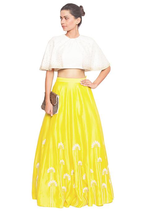 Off White Cape Blouse And Embroidered Yellow Skirt Set