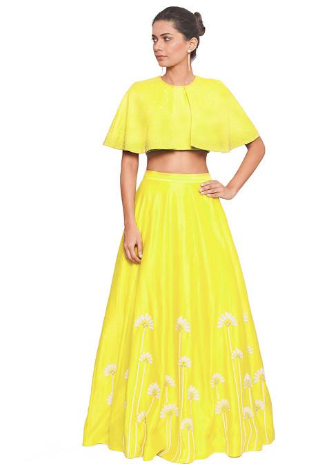 Yellow Cape Blouse And Embroidered Skirt Set