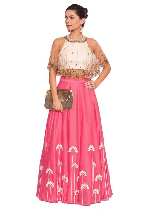 Off White Peter Pan Blouse And Embroidered Pink Skirt With Bronze Cape Set