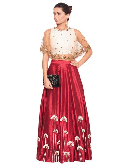 Off White Blouse And French Knots Maroon Skirt With Bronze Cape