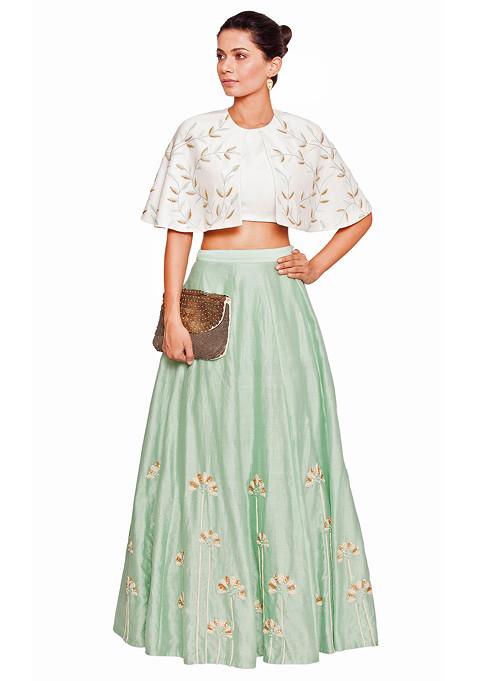 Off White Cape Blouse And Embroidered Sea Green Skirt Set