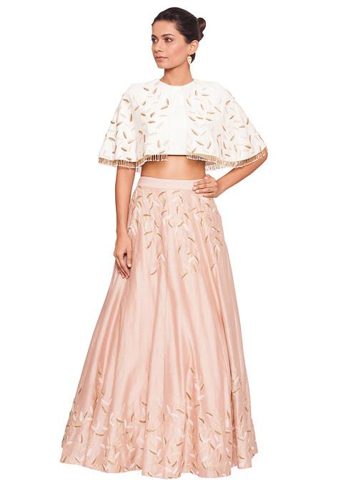 Off White Cape Blouse And Embroidered Blush Pink Skirt Set
