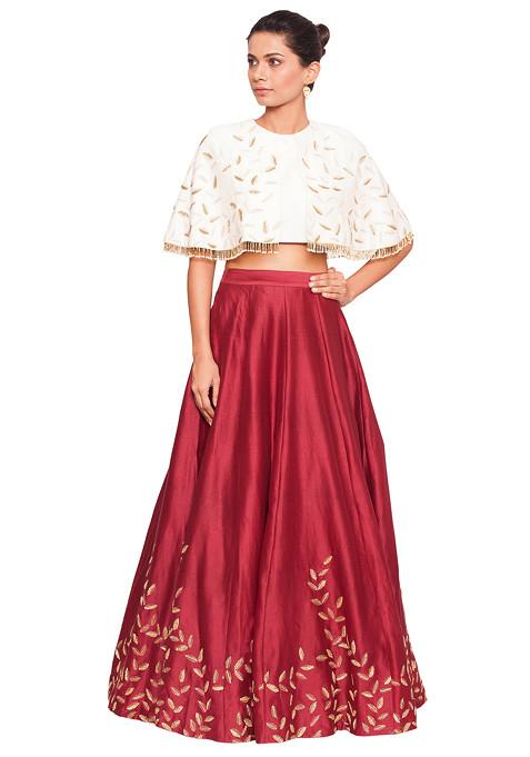 Off White Cape Blouse And Embroidered Maroon Skirt Set