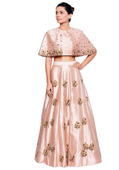 Blush Pink Floral Cape Blouse And Floral Embroidery Skirt Set