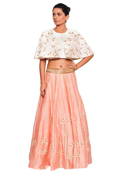 Off White Cape Blouse And Embroidered Peach Pink Skirt Set