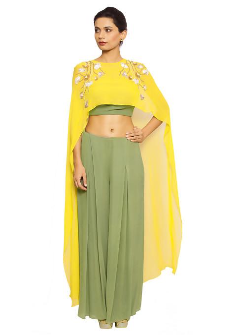 Olive Green Crop Top And Pants Set With Cape