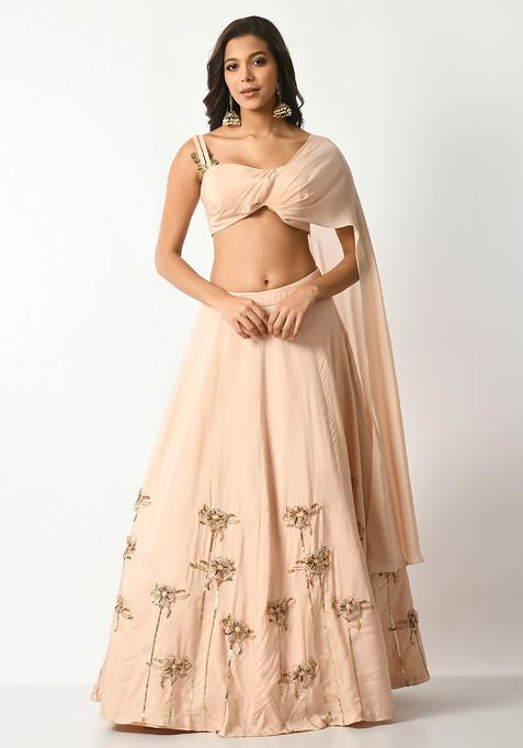 Blush Pink Sequin Draped Top And Embroidered Skirt Set