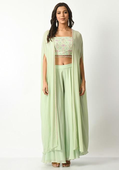 Mint Green Sequin Embroidered Pants Set With Cape