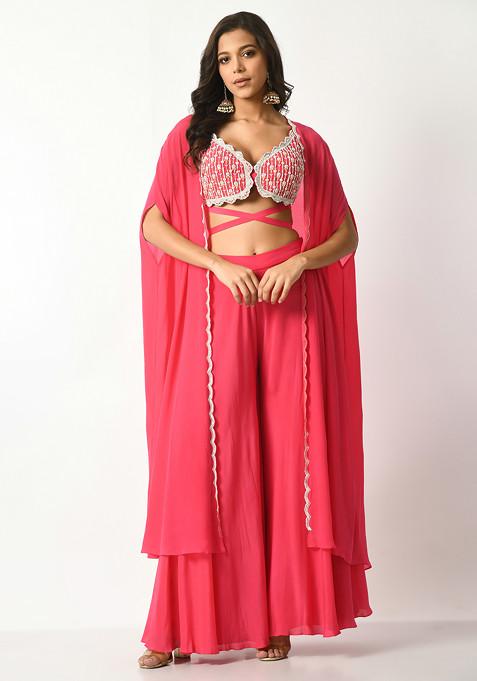 Fuschia Sequin Embroidered Criss Cross Tie Pants Set With Cape