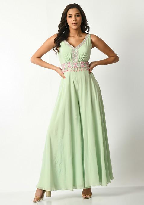 Mint Green Sequin Embroidered Flared Jumpsuit