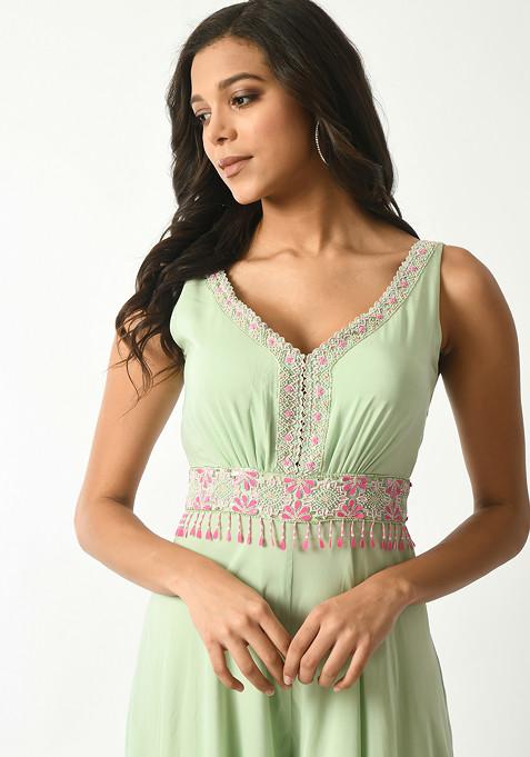 Graceful Jumpsuit with a Chiffon Skirt Overlay Mint Green