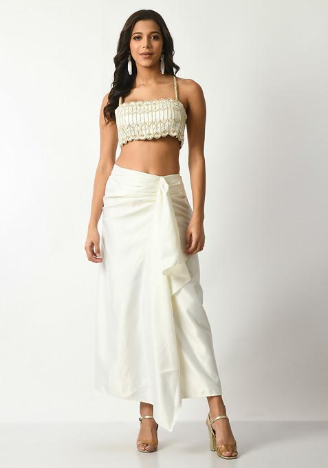 Off White Sequin Embellished Crop Top And Draped Lehenga Set