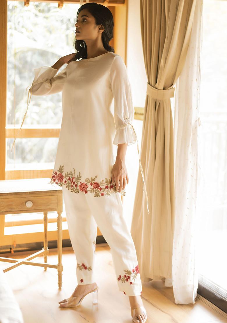 Ivory Applique Embroidered Handwoven Malai Chanderi Co-Ord Set - Indya