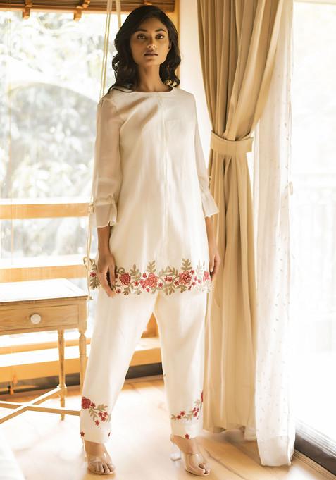 Ivory Applique Embroidered Handwoven Malai Chanderi Co-Ord Set