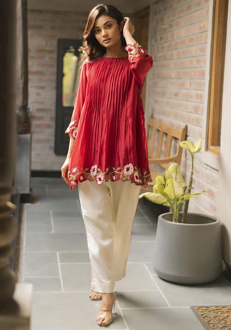 Cherry Red Embroidered Handwoven Malai Chanderi Kurta And Pants Set