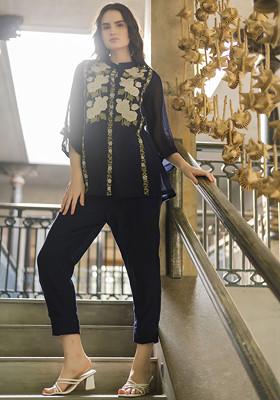 Blue Applique Embroidered Handwoven Chanderi Co-Ord Set