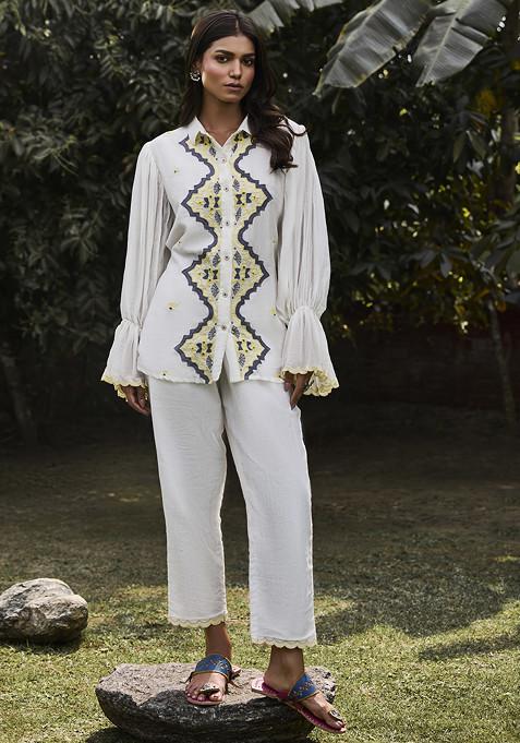 Ivory Applique Embroidered Handwoven Chanderi Shirt And Trousers Set