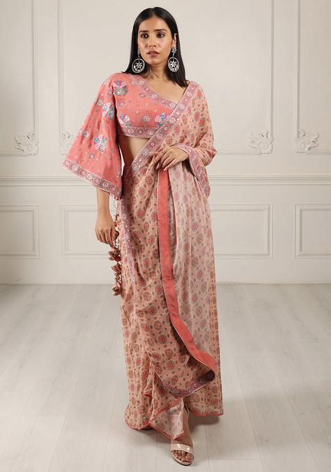 Peach Embroidered Silk Georgette Draped Saree Set
