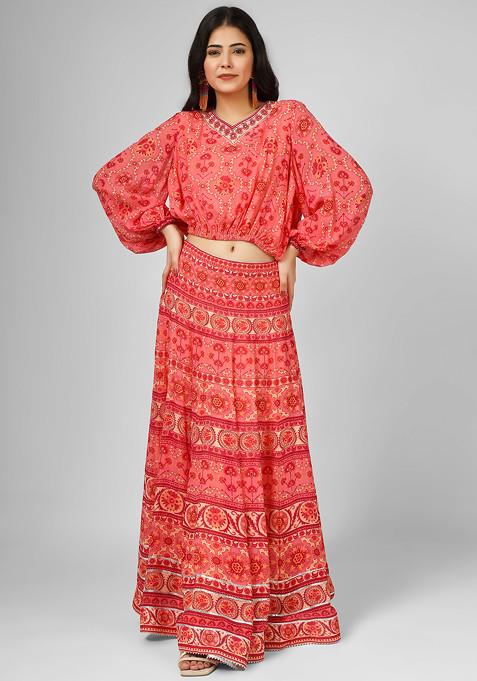 Pink Persian Tales Embroidered Top And Skirt Set