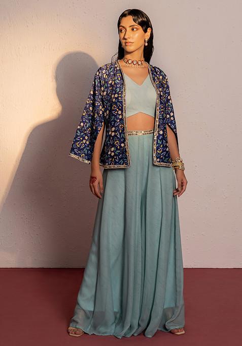 Royal Blue Digital Print And Sequin Embroidered Jacket And Palazzo Pant Set